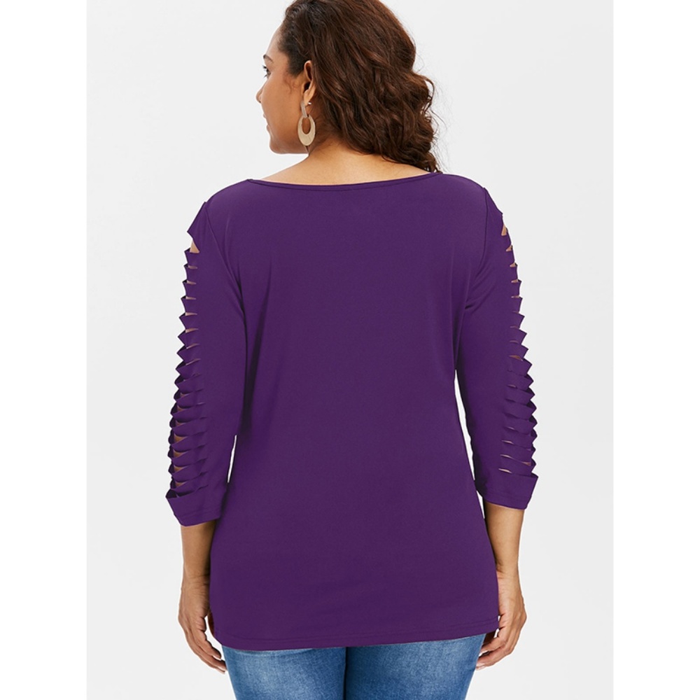☀ Purple Plus Size Long Sleeve Shredded Top ☀ - Picture 6 of 8